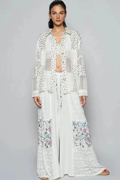 POL Floral Crochet Patchwork Long Sleeve Shirt - VILLA FASHION