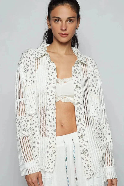 POL Floral Crochet Patchwork Long Sleeve Shirt - VILLA FASHION