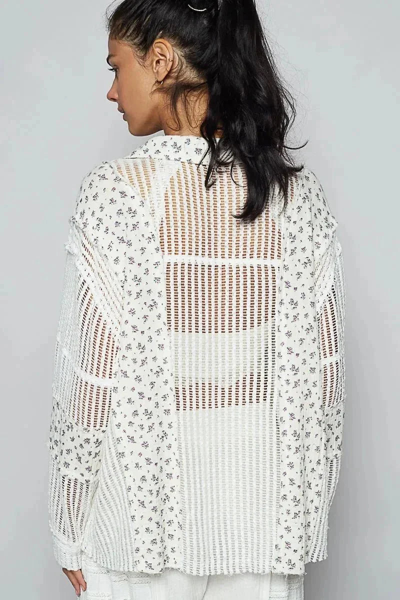POL Floral Crochet Patchwork Long Sleeve Shirt - VILLA FASHION