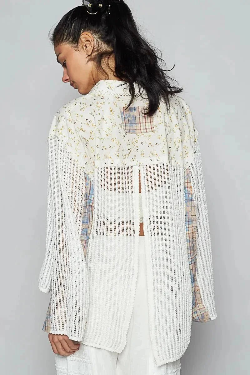 POL Floral Slit Back Plaid Patchwork Shirt - VILLA FASHION