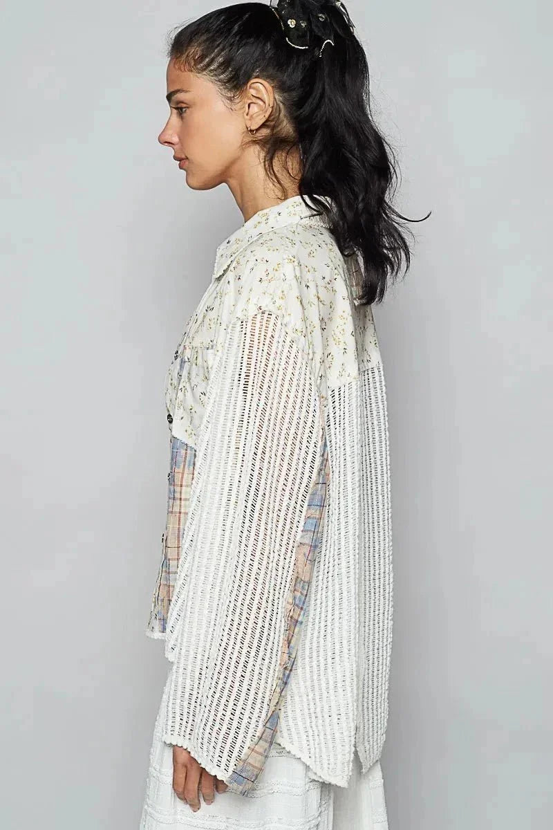 POL Floral Slit Back Plaid Patchwork Shirt - VILLA FASHION