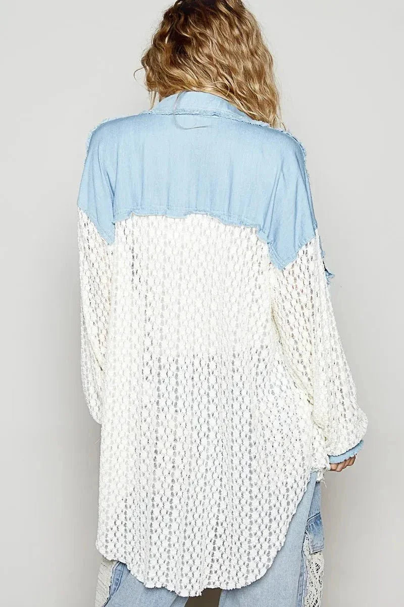 POL High - Low Denim Patchwork Lace Shirt - VILLA FASHION