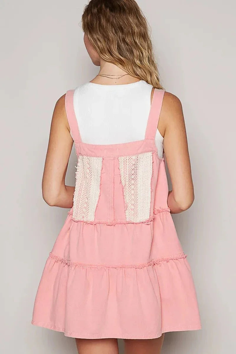 POL Lace Patchwork Detail Denim Overall Dress - VILLA FASHION