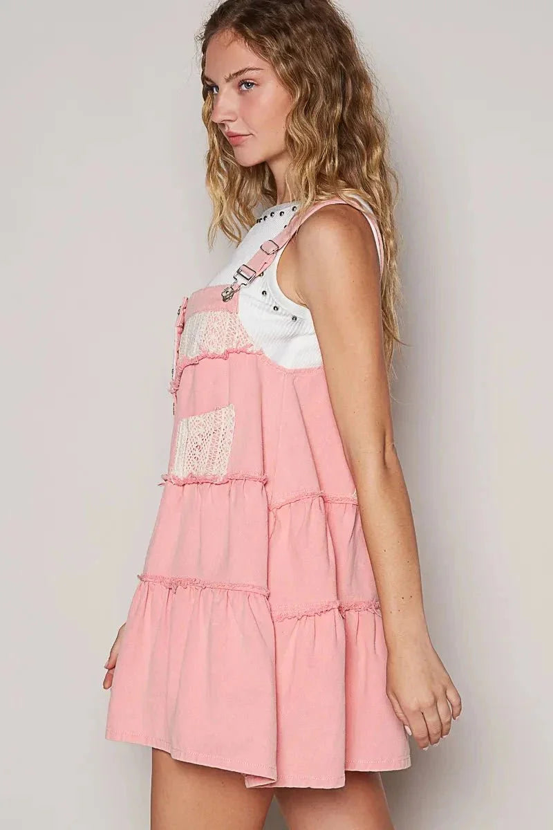 POL Lace Patchwork Detail Denim Overall Dress - VILLA FASHION