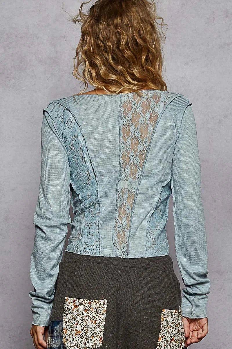 POL Lace Patchwork Long Sleeve T-Shirt - VILLA FASHION