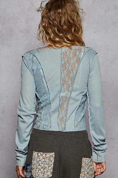 POL Lace Patchwork Long Sleeve T-Shirt - VILLA FASHION