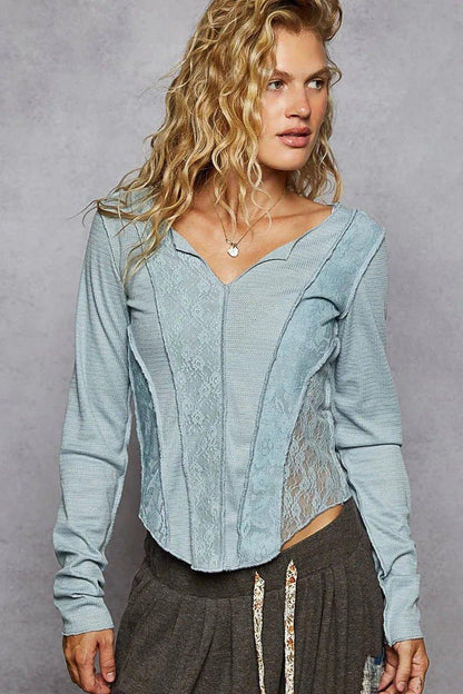 POL Lace Patchwork Long Sleeve T-Shirt - VILLA FASHION
