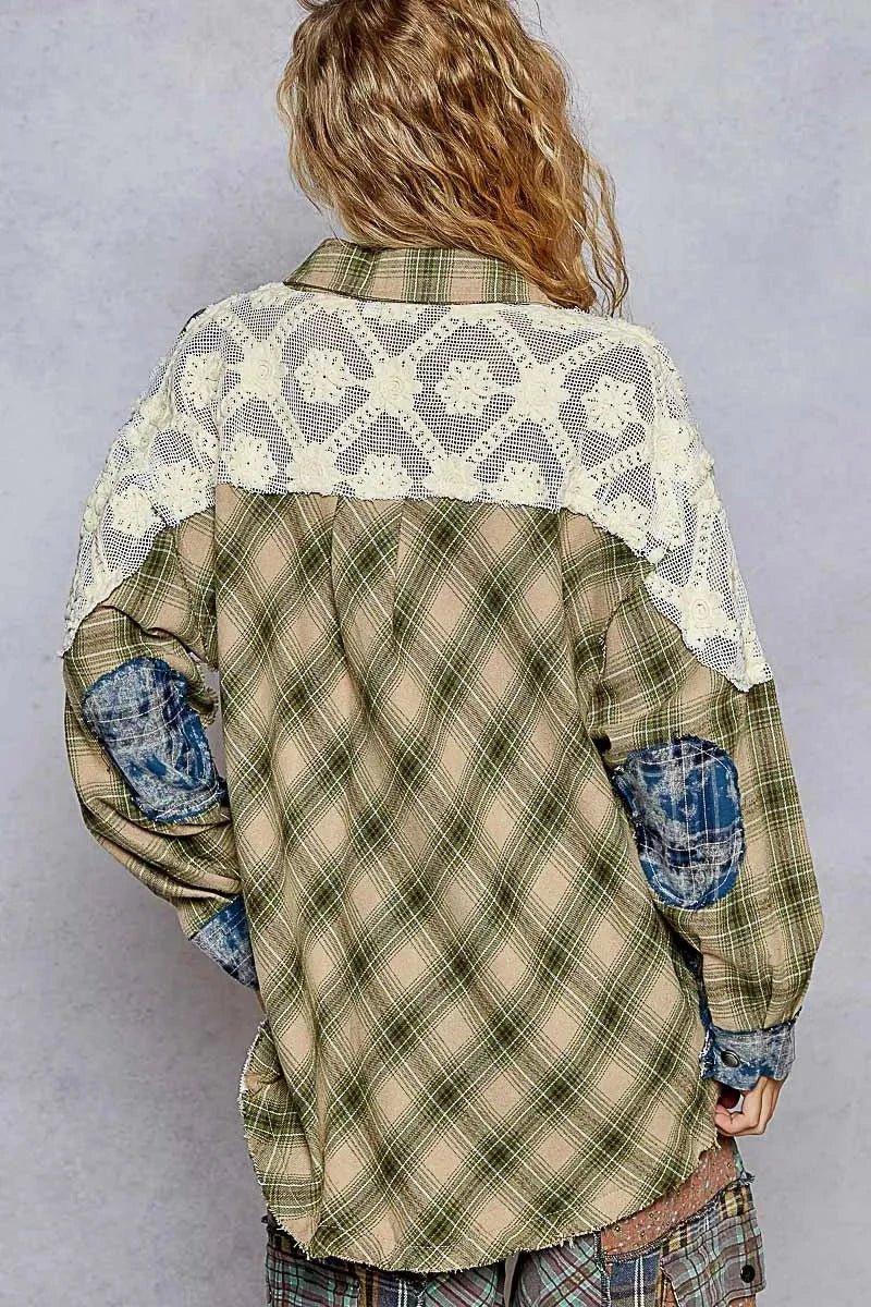 POL Lace Patchwork Plaid Oversized Shirt - VILLA FASHION