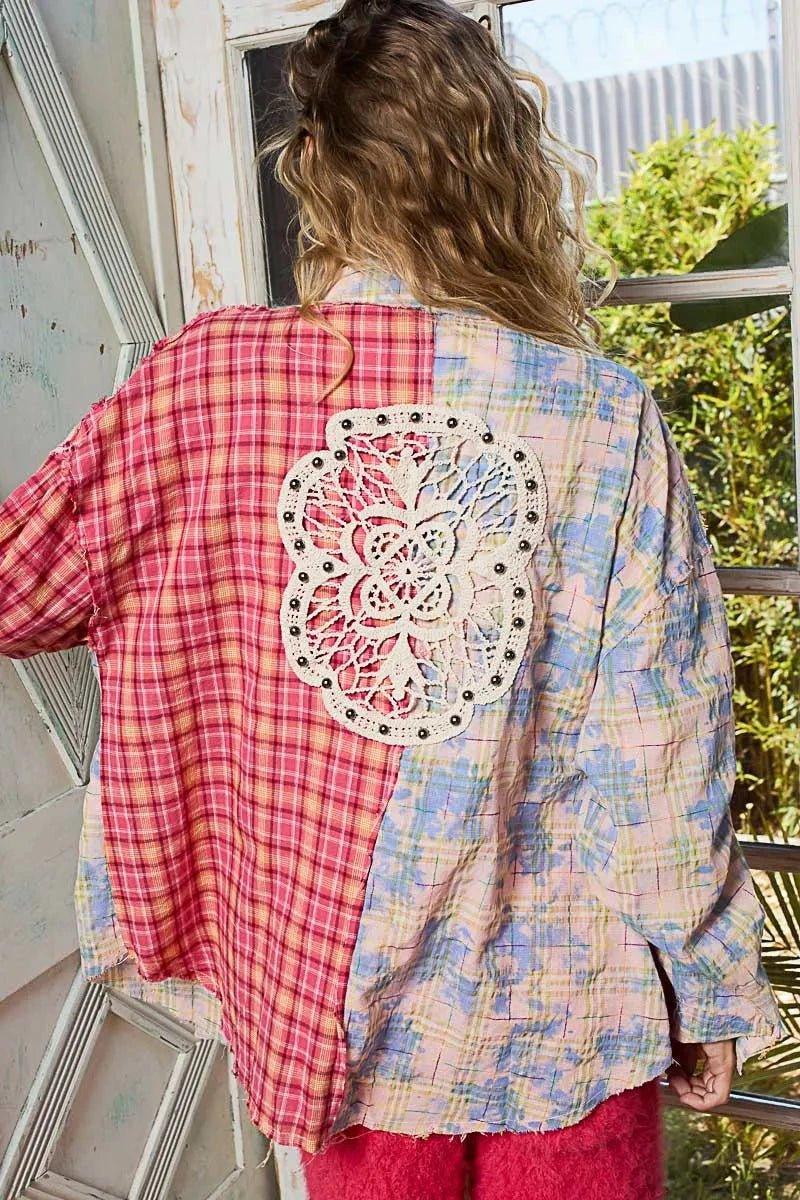 POL Patchwork Plaid Button - Up Shirt with Contrast Pockets - VILLA FASHION