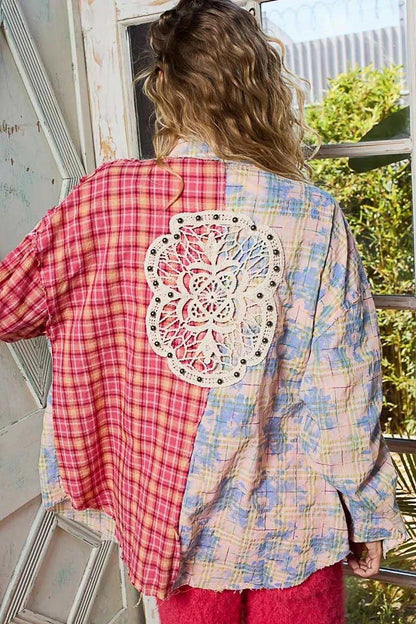 POL Patchwork Plaid Button - Up Shirt with Contrast Pockets - VILLA FASHION