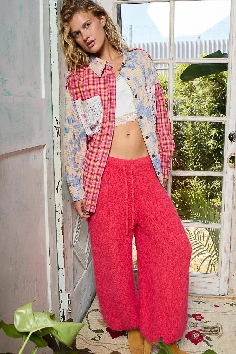 POL Patchwork Plaid Button - Up Shirt with Contrast Pockets - VILLA FASHION