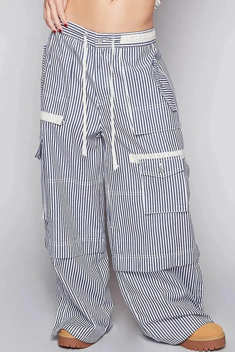 POL Striped Wide Leg Pants with Cargo Pockets - VILLA FASHION