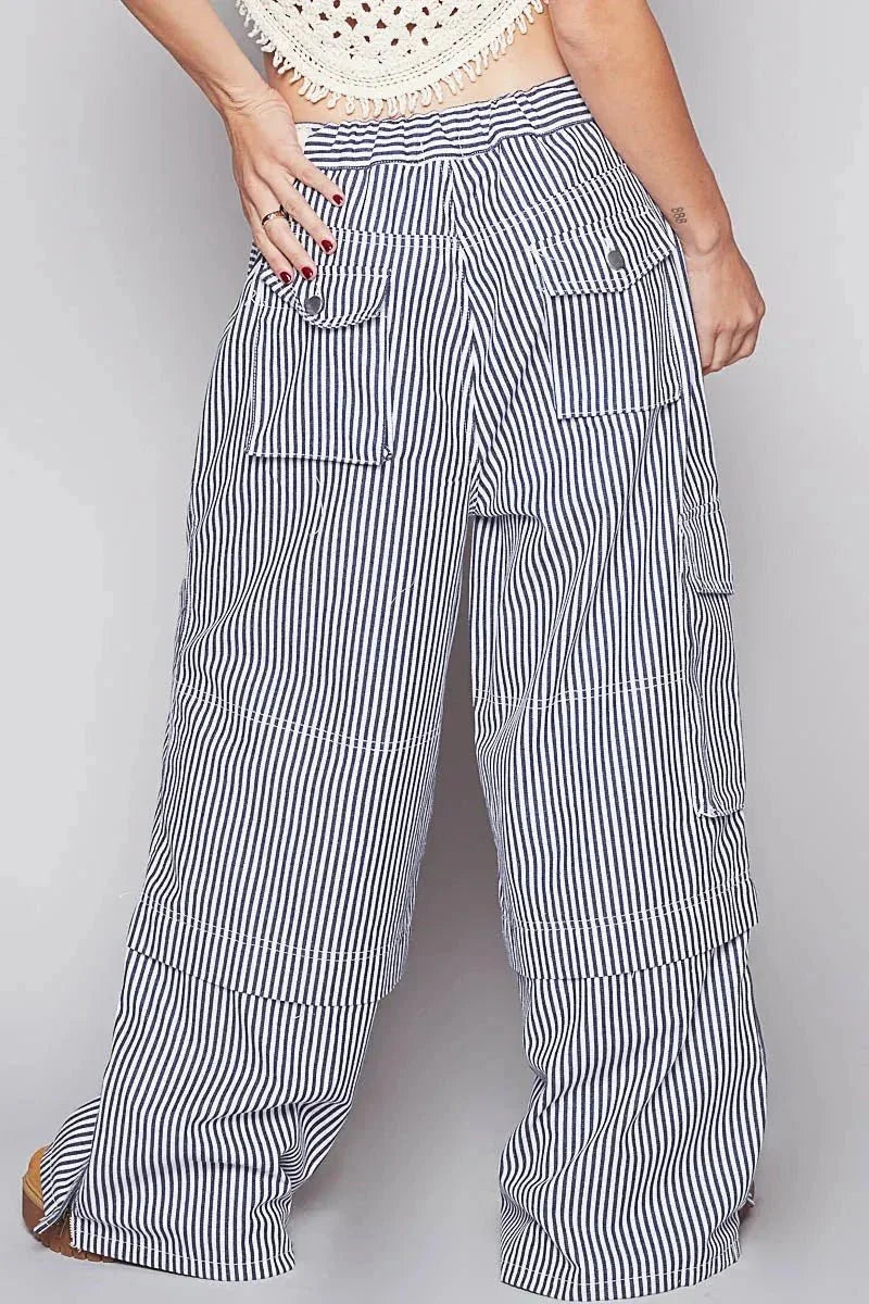 POL Striped Wide Leg Pants with Cargo Pockets - VILLA FASHION