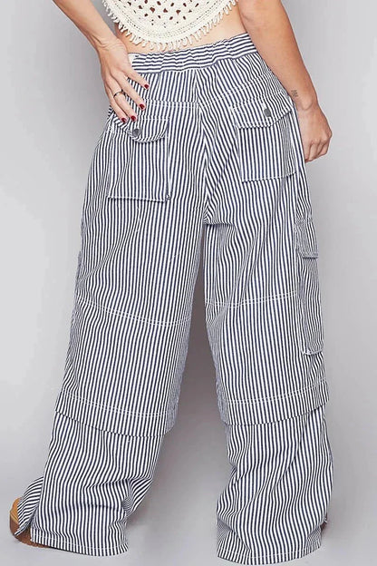 POL Striped Wide Leg Pants with Cargo Pockets - VILLA FASHION