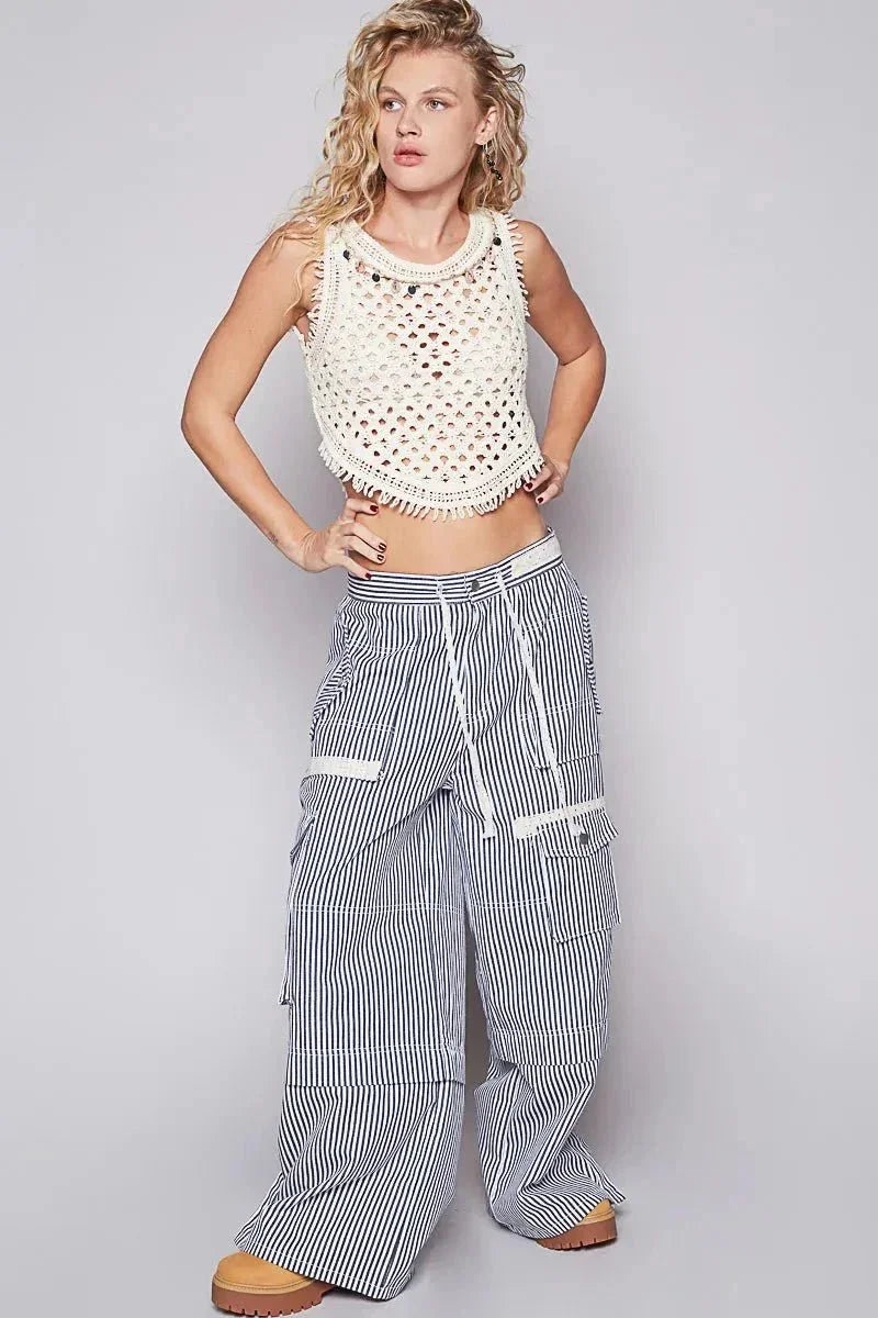 POL Striped Wide Leg Pants with Cargo Pockets - VILLA FASHION