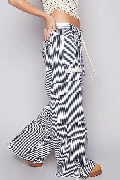 POL Striped Wide Leg Pants with Cargo Pockets - VILLA FASHION