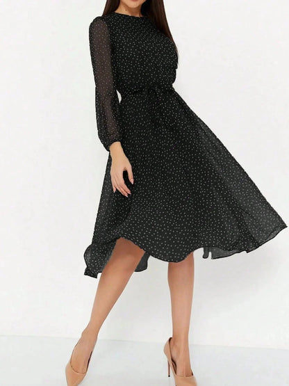 Polka Dot Long Sleeve Midi Dress - VILLA FASHION