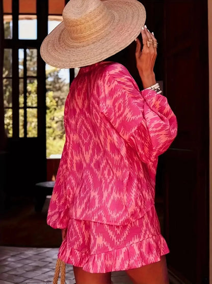 Printed Balloon Sleeve Top and Shorts Set - VILLA FASHION