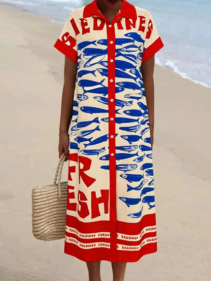 Printed Button Down Shirt Dress - VILLA FASHION