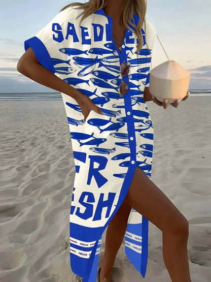 Printed Button Down Shirt Dress - VILLA FASHION