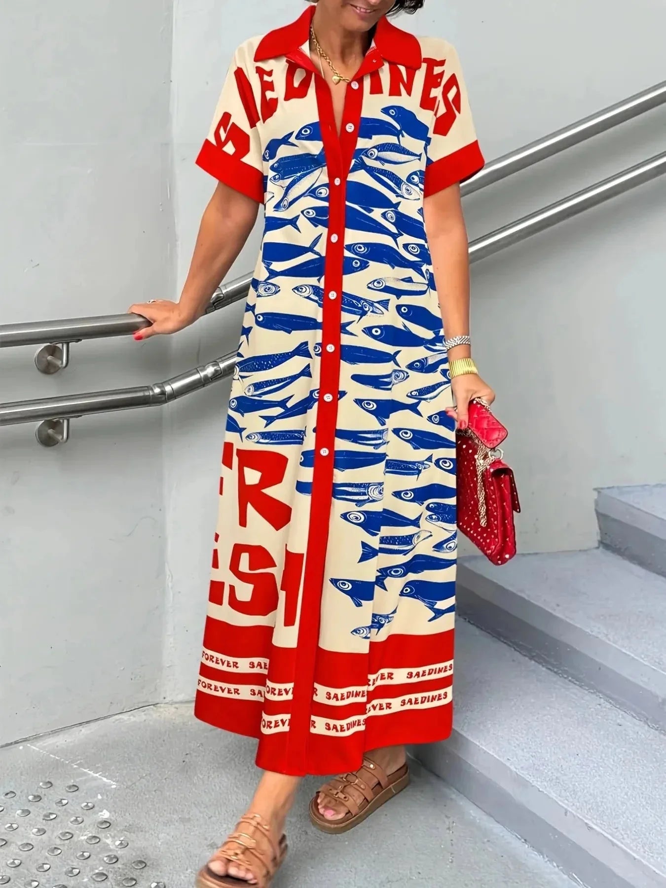 Printed Button Down Shirt Dress - VILLA FASHION