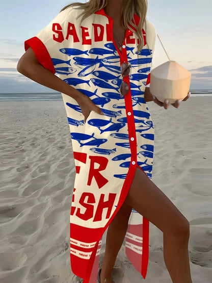 Printed Button Down Shirt Dress - VILLA FASHION