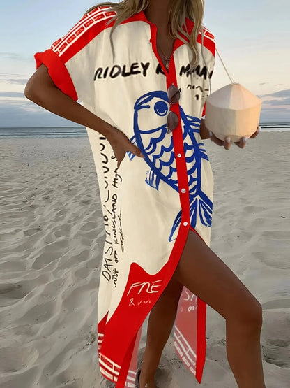 Printed Button Down Shirt Dress - VILLA FASHION