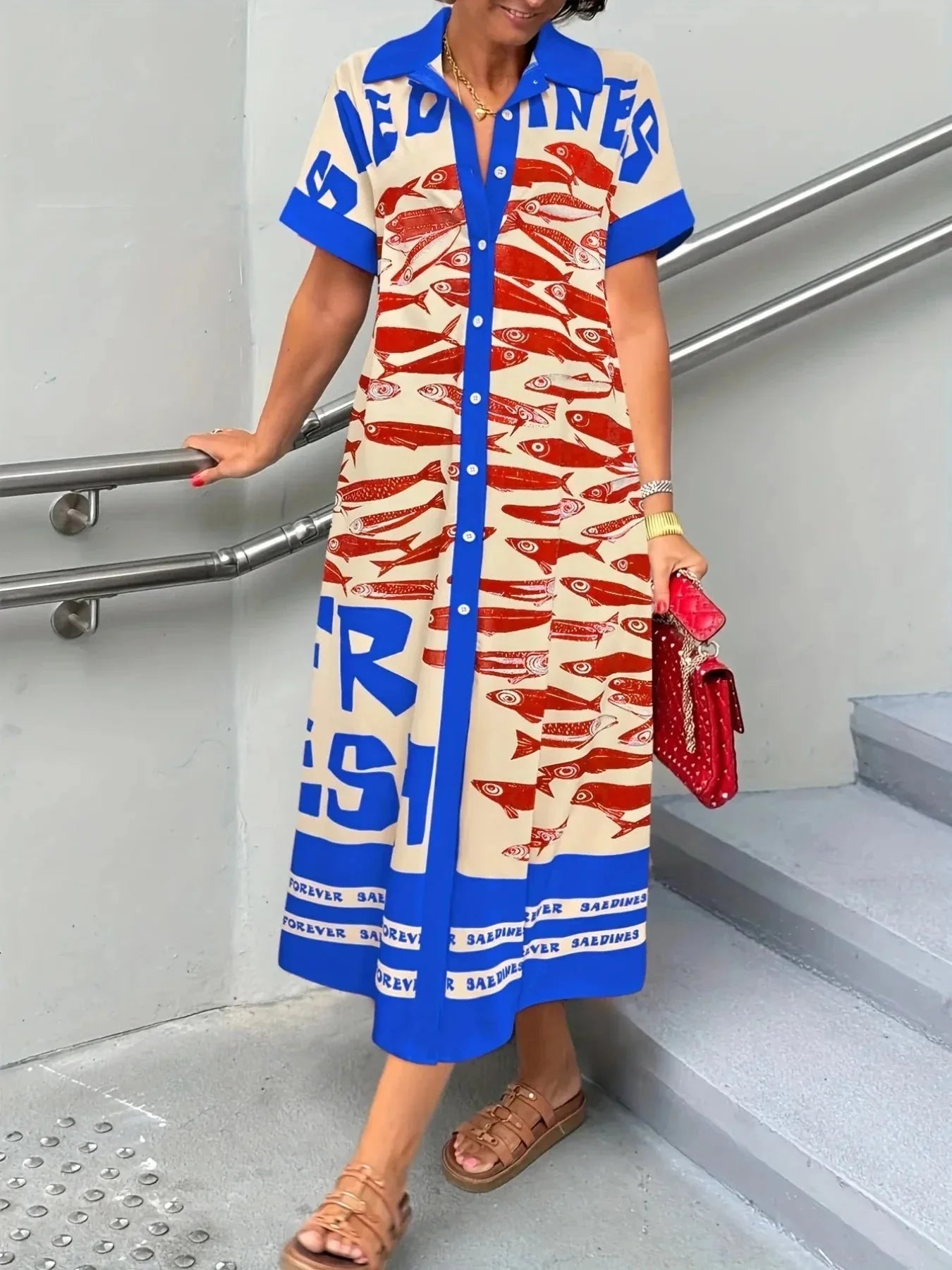 Printed Button Down Shirt Dress - VILLA FASHION