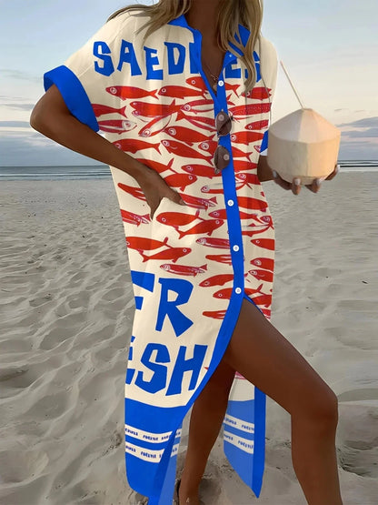 Printed Button Down Shirt Dress - VILLA FASHION