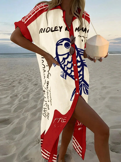 Printed Button Down Shirt Dress - VILLA FASHION