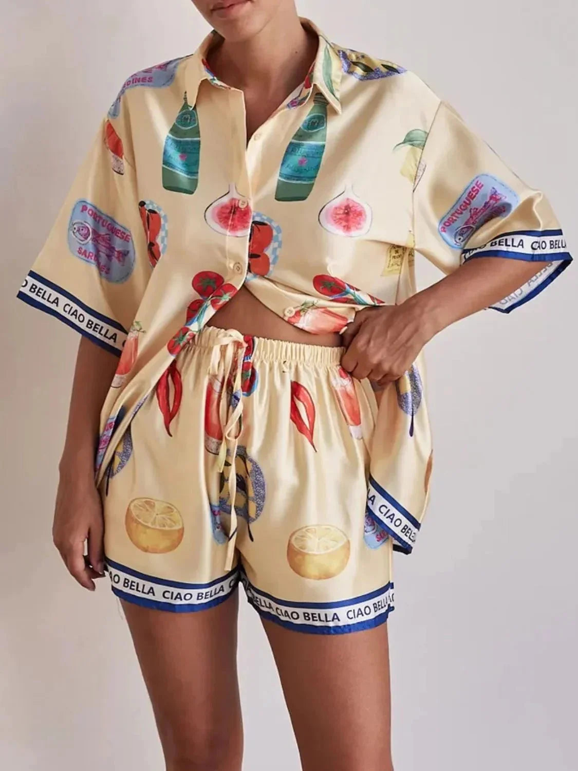 Printed Button Up Top and Shorts Set - VILLA FASHION