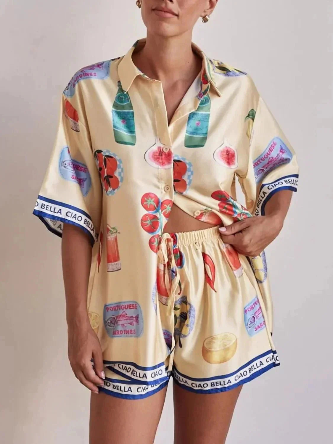 Printed Button Up Top and Shorts Set - VILLA FASHION