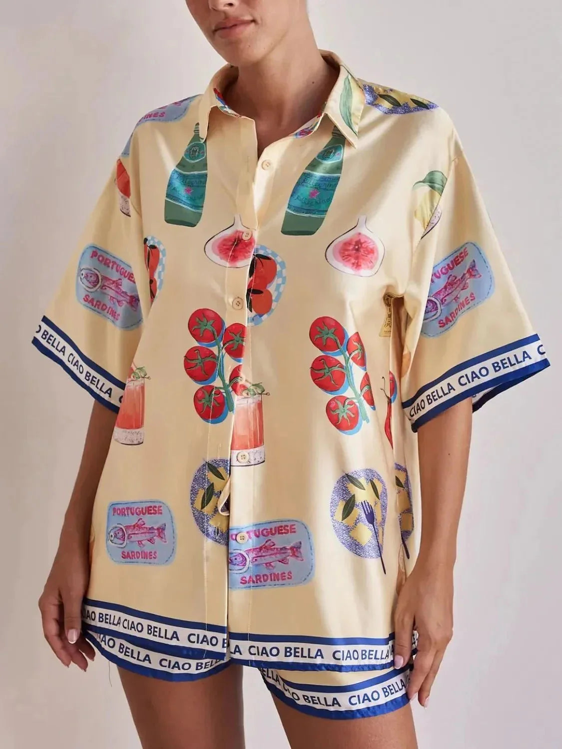 Printed Button Up Top and Shorts Set - VILLA FASHION