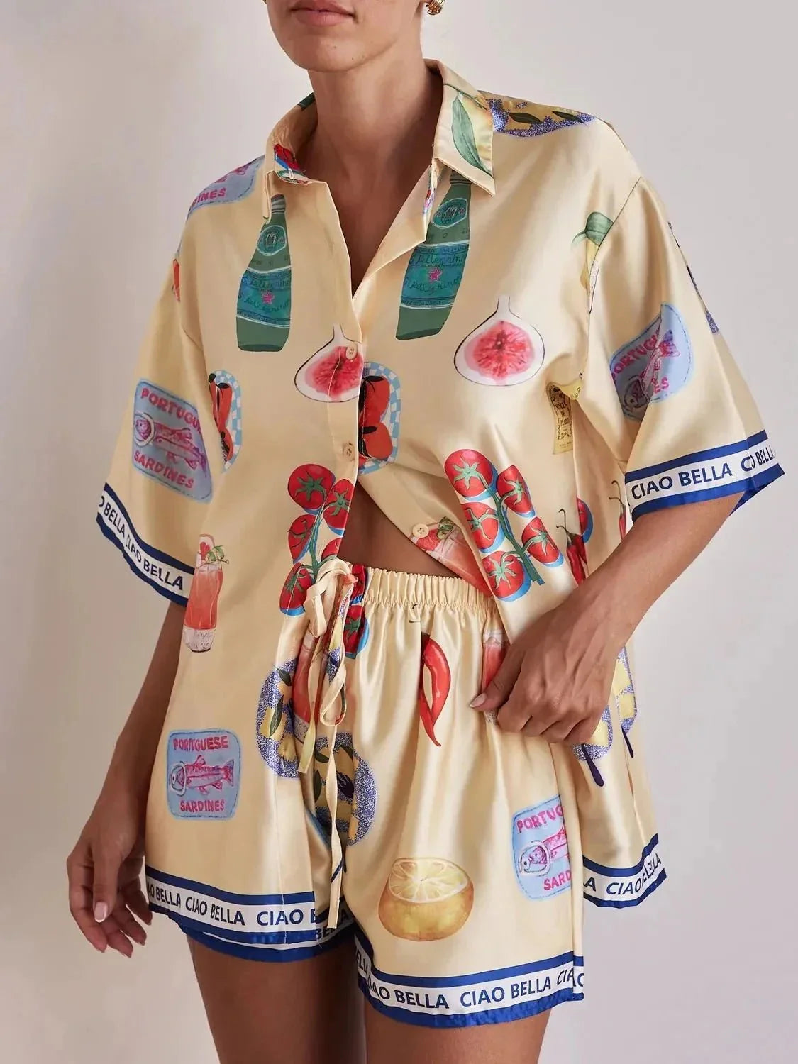 Printed Button Up Top and Shorts Set - VILLA FASHION