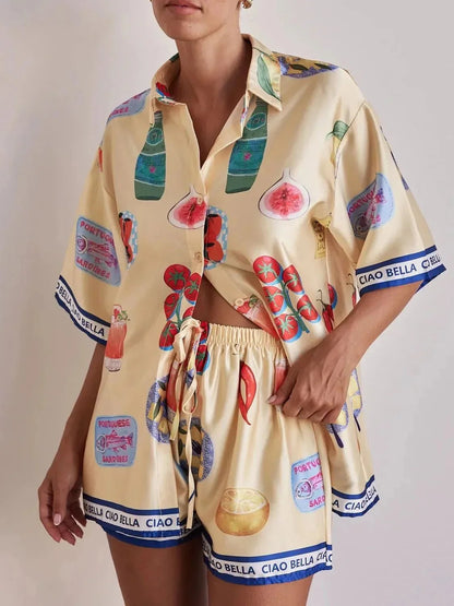 Printed Button Up Top and Shorts Set - VILLA FASHION