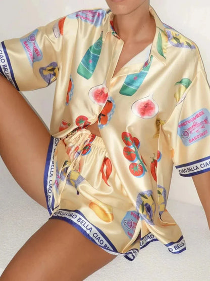 Printed Button Up Top and Shorts Set - VILLA FASHION
