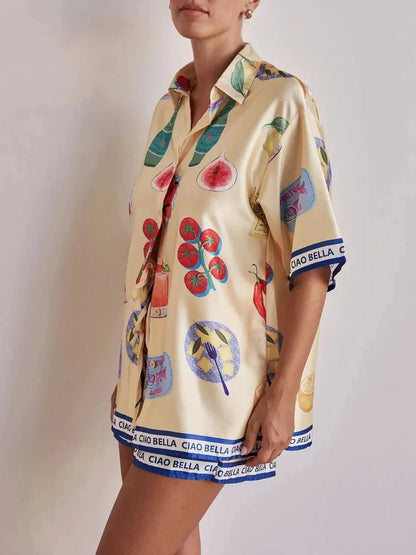 Printed Button Up Top and Shorts Set - VILLA FASHION