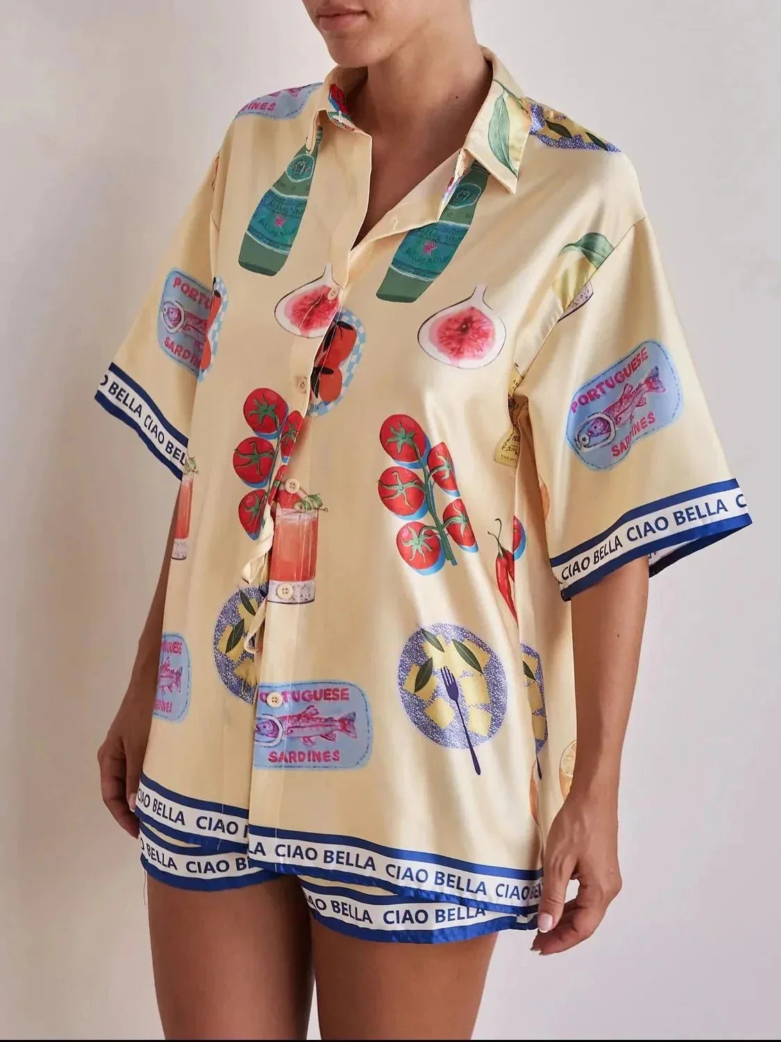 Printed Button Up Top and Shorts Set - VILLA FASHION