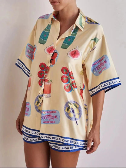 Printed Button Up Top and Shorts Set - VILLA FASHION