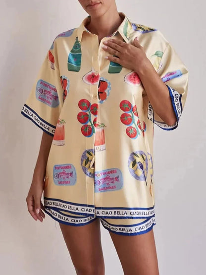 Printed Button Up Top and Shorts Set - VILLA FASHION