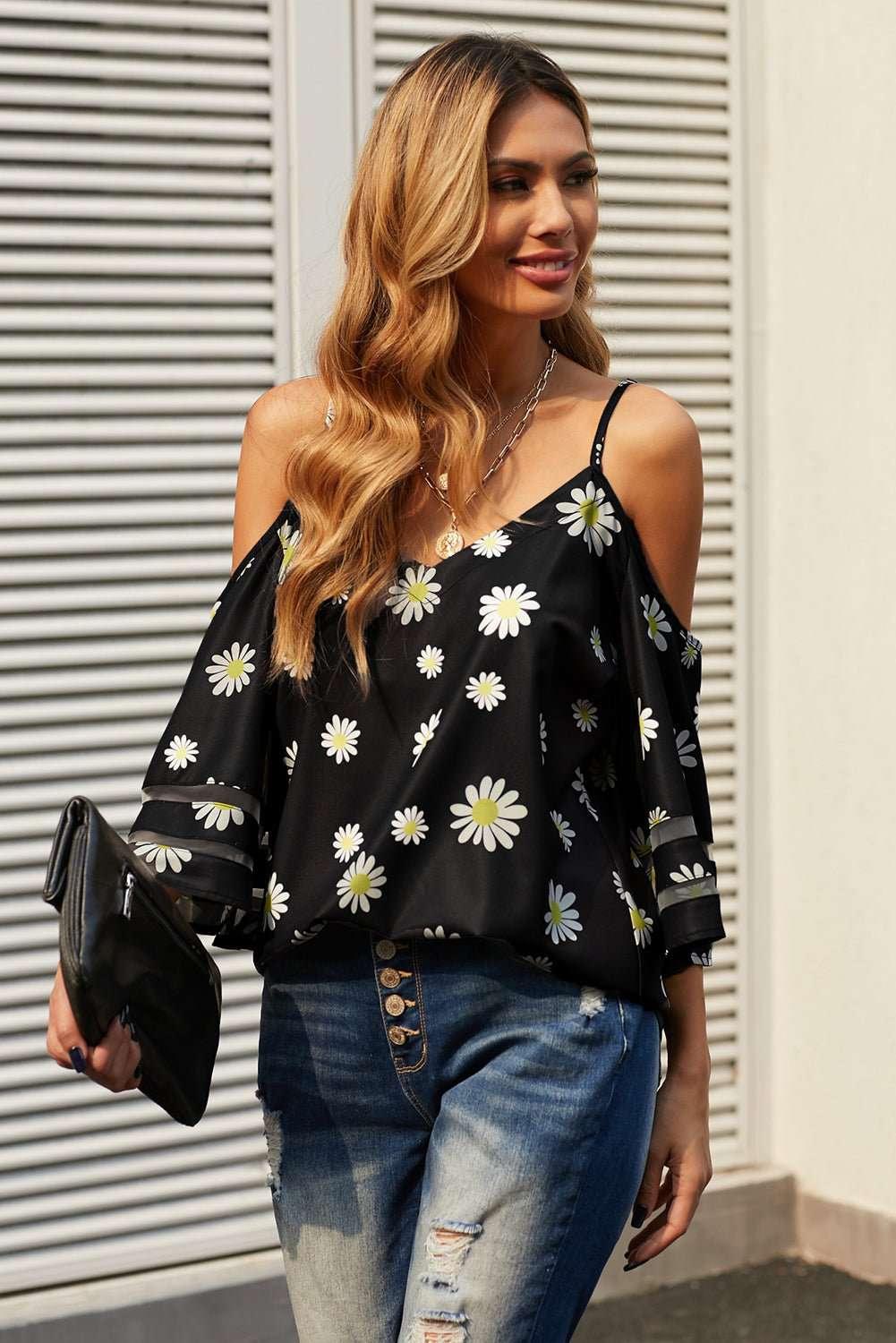 Printed Cold - Shoulder Three - Quarter Flare Sleeve Blouse - VILLA FASHION