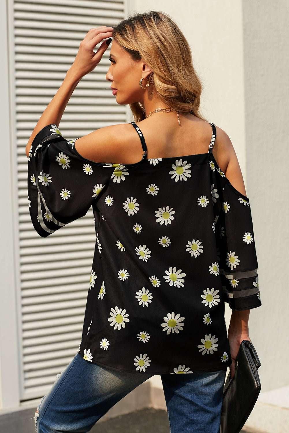Printed Cold - Shoulder Three - Quarter Flare Sleeve Blouse - VILLA FASHION