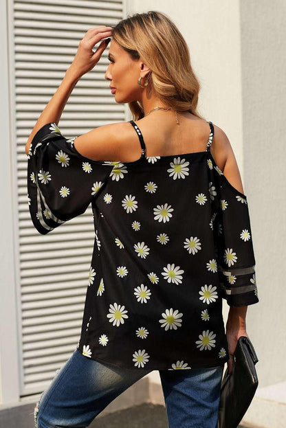 Printed Cold - Shoulder Three - Quarter Flare Sleeve Blouse - VILLA FASHION
