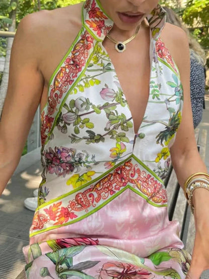 Printed Halter Neck Backless Maxi Dress - VILLA FASHION