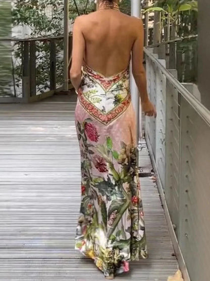 Printed Halter Neck Backless Maxi Dress - VILLA FASHION