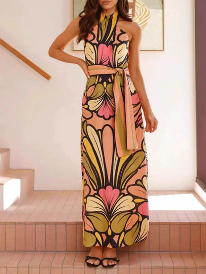 Printed Halter Neck Maxi Cami Dress - VILLA FASHION
