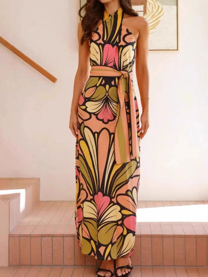 Printed Halter Neck Maxi Cami Dress - VILLA FASHION