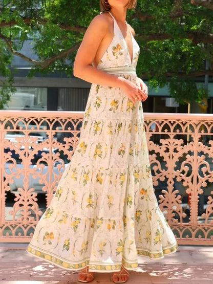 Printed Halter Neck Maxi Cami Dress - VILLA FASHION