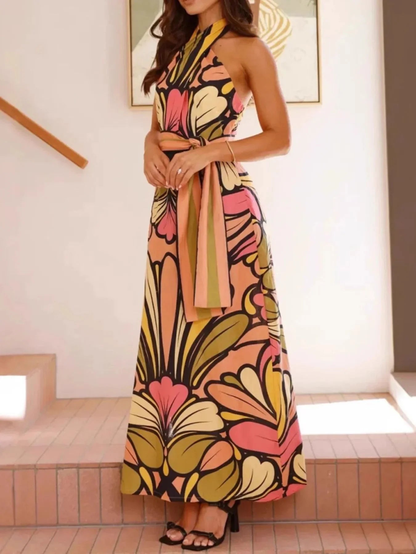 Printed Halter Neck Maxi Cami Dress - VILLA FASHION