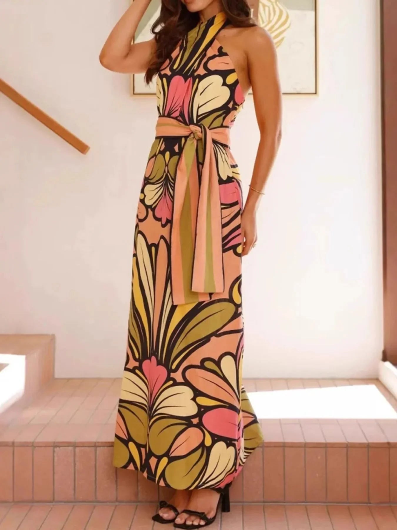Printed Halter Neck Maxi Cami Dress - VILLA FASHION